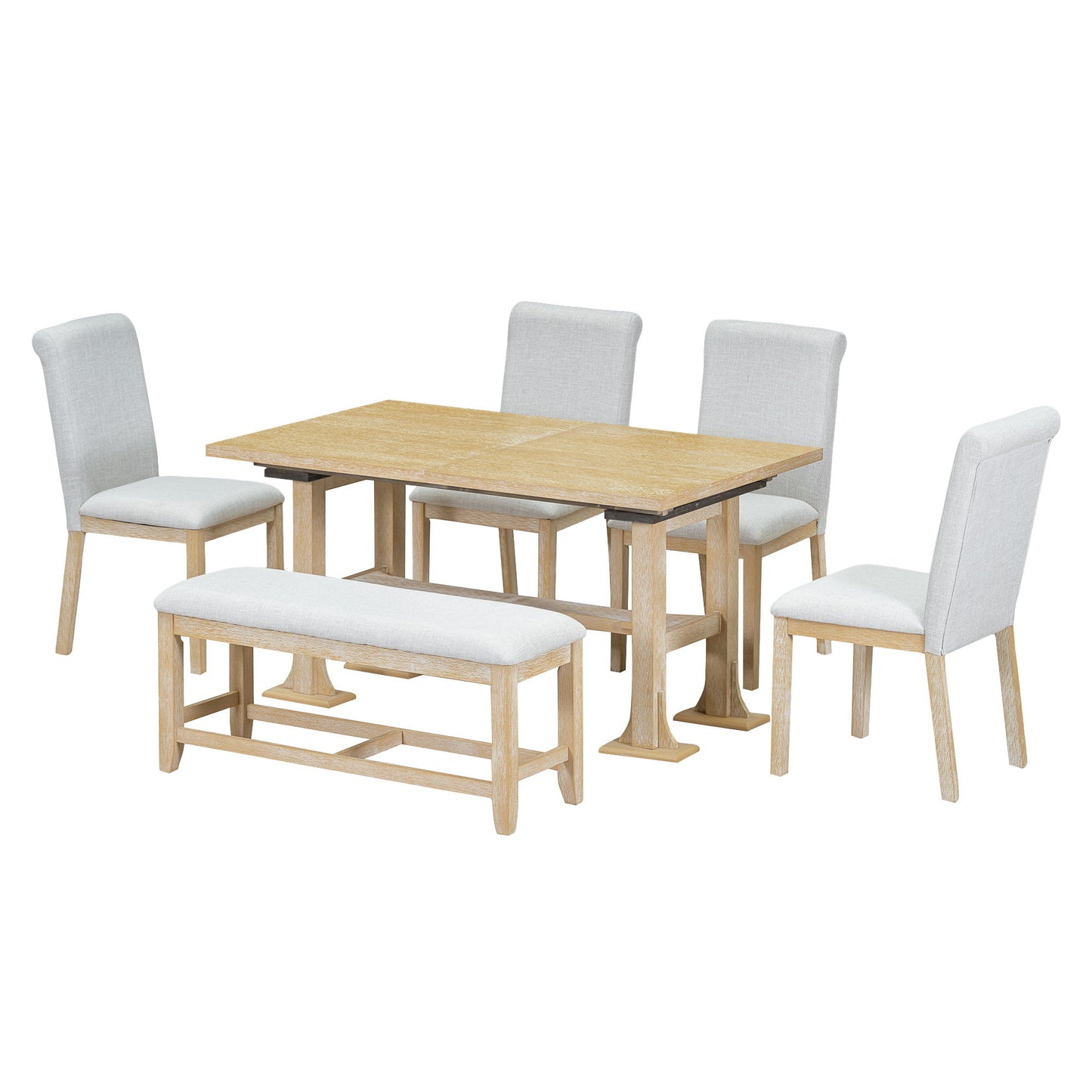Topmax - 6 Piece Farmhouse Extendable Dining Table Set Trestle Kitchen Table Set With Removable Leaf And Upholstered Dining Chair And Bench For Dining Room - Natural