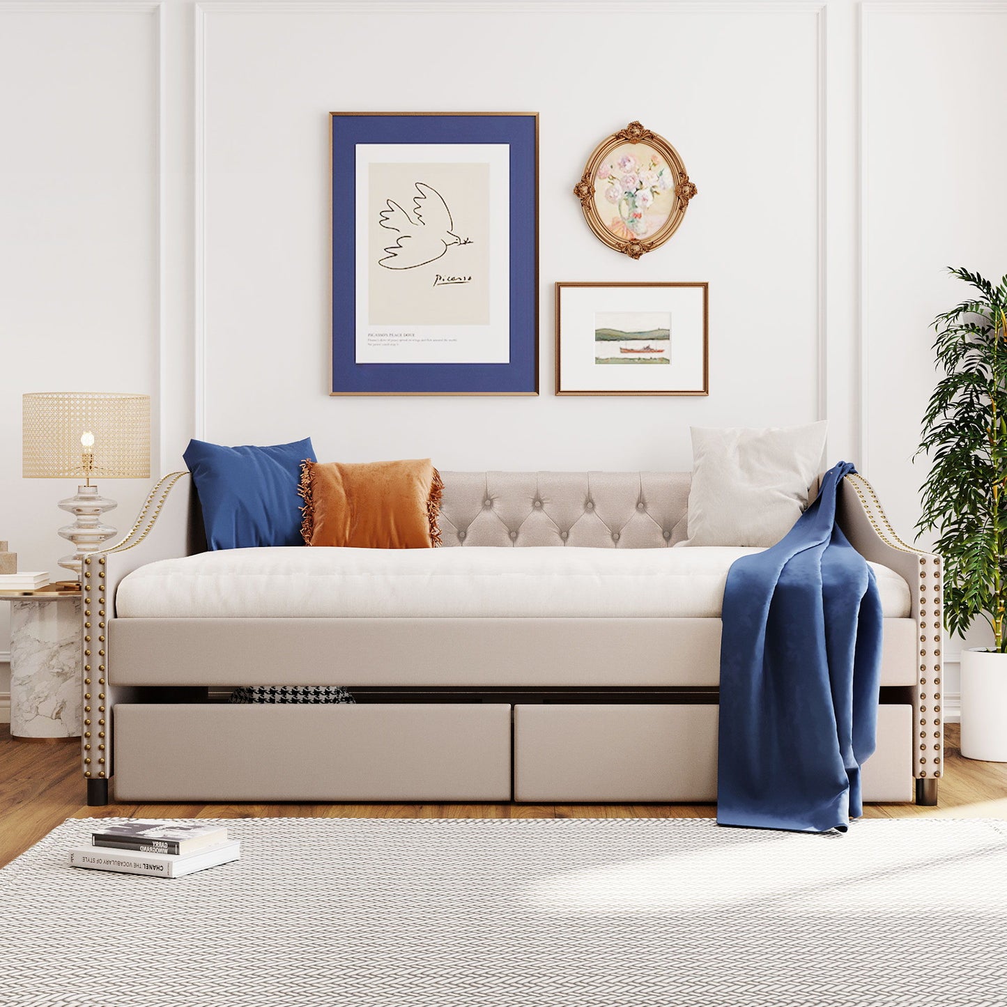 Full Size Upholstered Daybed With Two Drawers, Slat Support - Beige