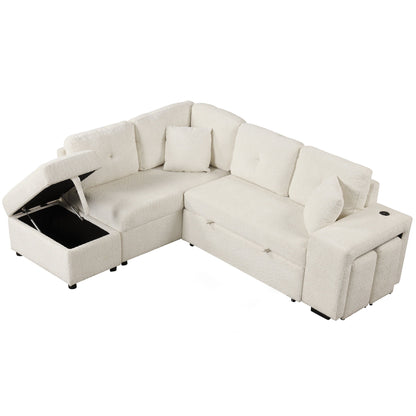 Convertible Sleeper, Sectional Pull Out Sofa Bed With Storage Ottoman, 2 Throw Pillows, 2 Stools, Wireless Charger And Two Hidden USB Ports For Living Room - Cream