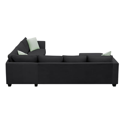 Sectional Sofa Couches Living Room Sets, 7 Seats Modular Sectional Sofa With Ottoman, L Shape Fabric Sofa Corner Couch Set With 3 Pillows - Black