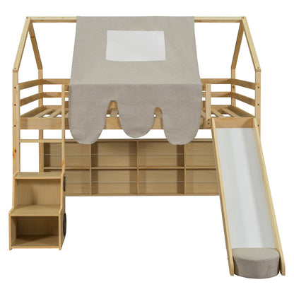 Full Size Loft Bed House Shaped Frame With Tent - Natural / Beige