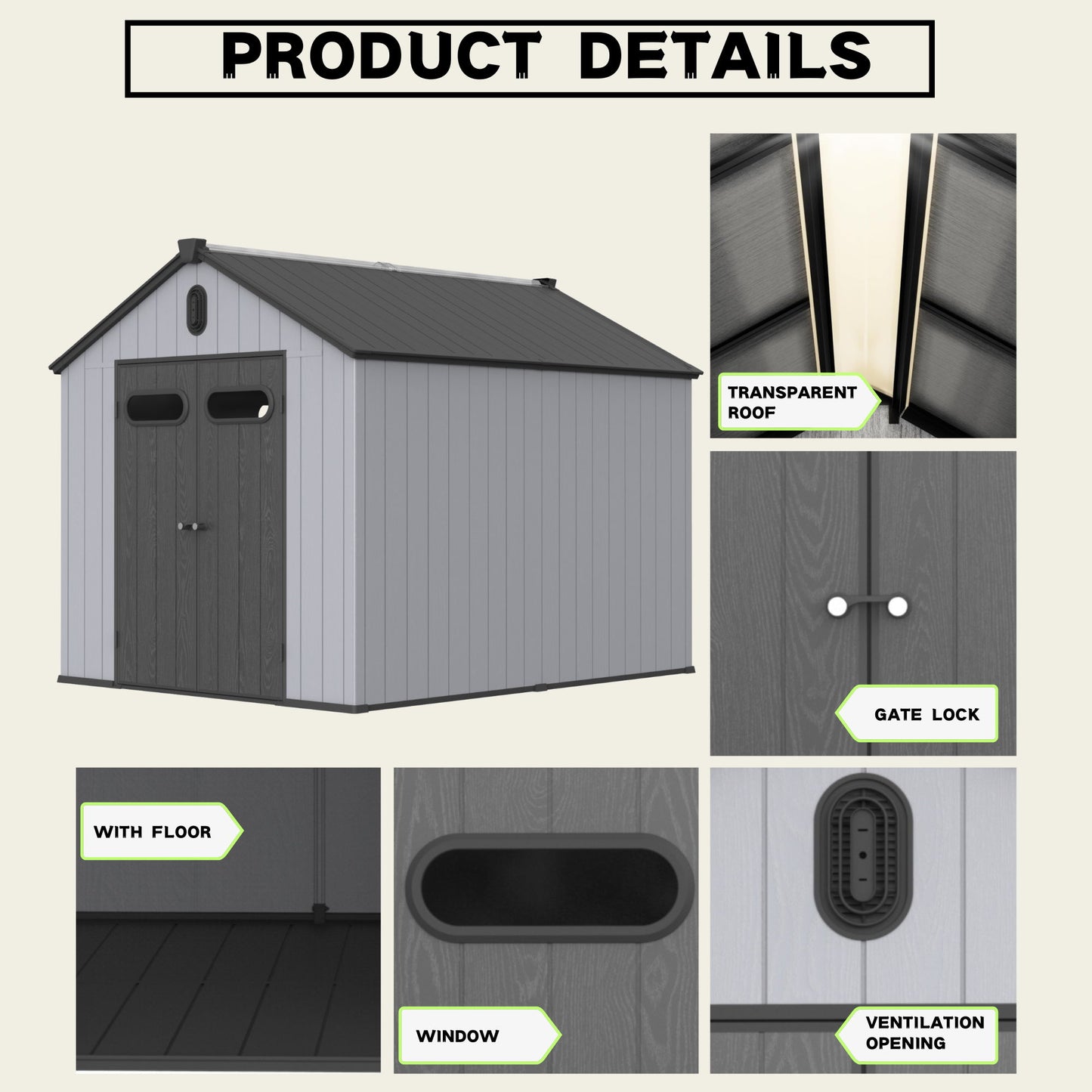 1 Resin Plastic Storage Shed For Backyard Garden With Spire Tool Storage - Black / Gray