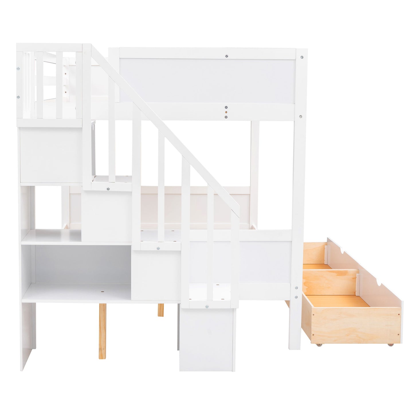 Twin Over Full Bunk Bed With Shelfs, Storage Staircase And 2 Drawers - White