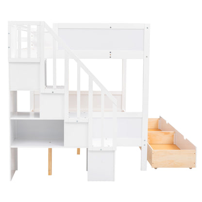 Twin Over Full Bunk Bed With Shelfs, Storage Staircase And 2 Drawers - White