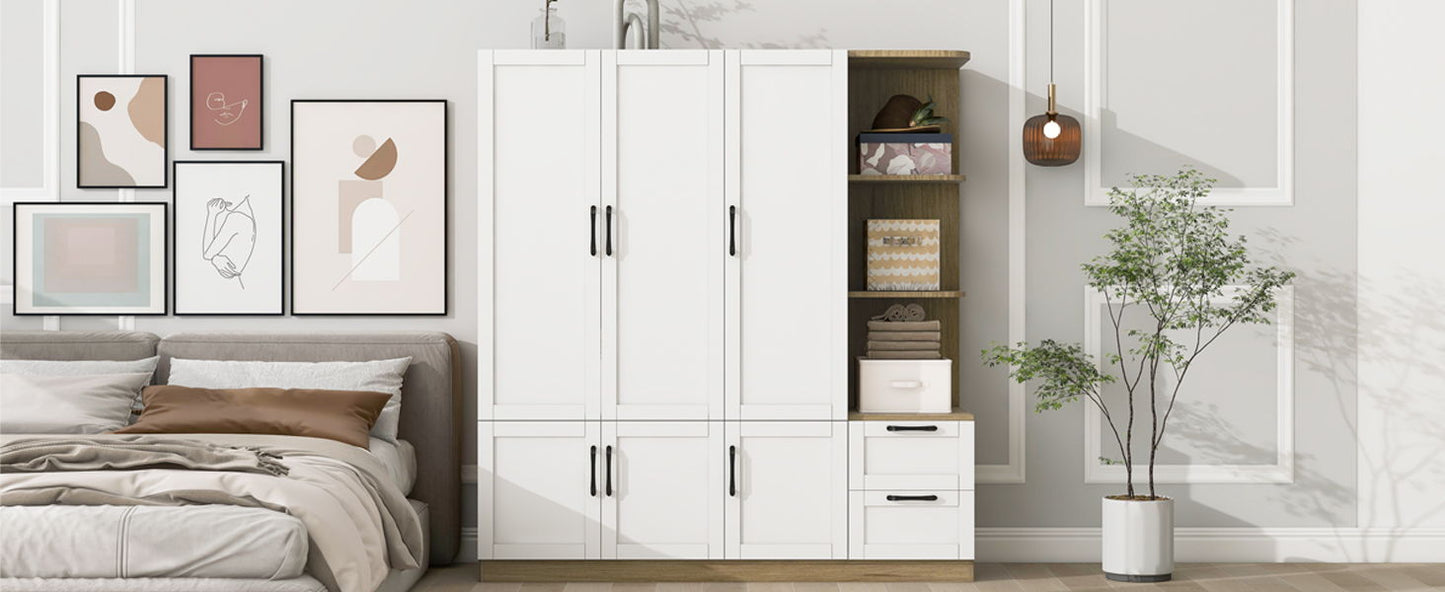 3 Door Storage Wardrobe For Dedroom With Shelves And 2 Drawers, Side Storage Shelves - White