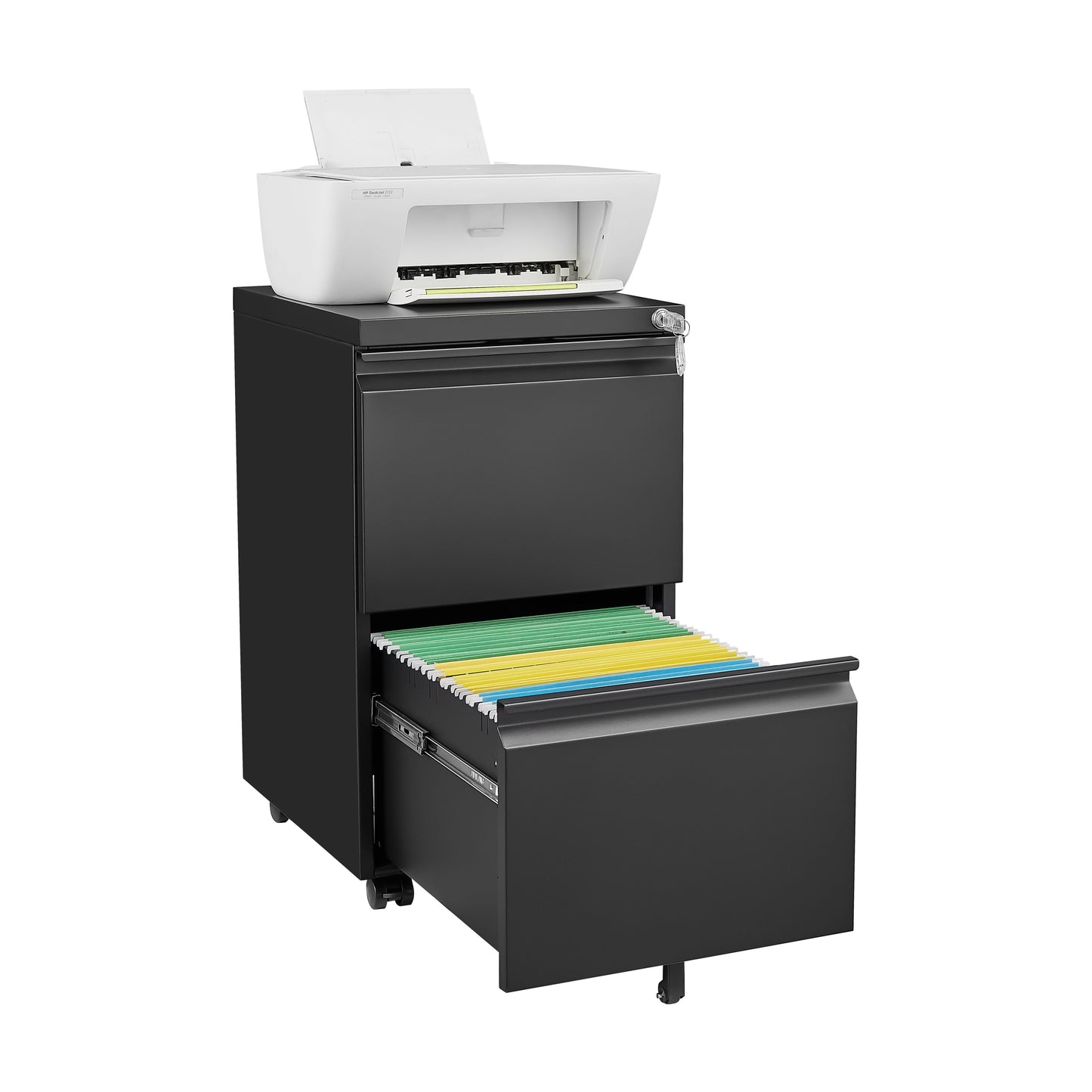 2 Drawer File Cabinet With Lock, Metal Under Desk Rolling Filing Cabinet Fits Letter / Legal / A4 Size For Home Office, Mobile Filing Cabinet - Black
