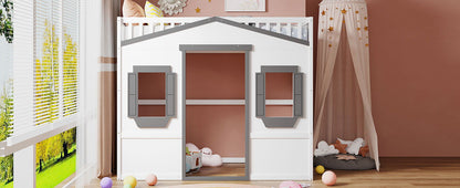 Twin Size House Loft Bed With Ladder - White / Gray