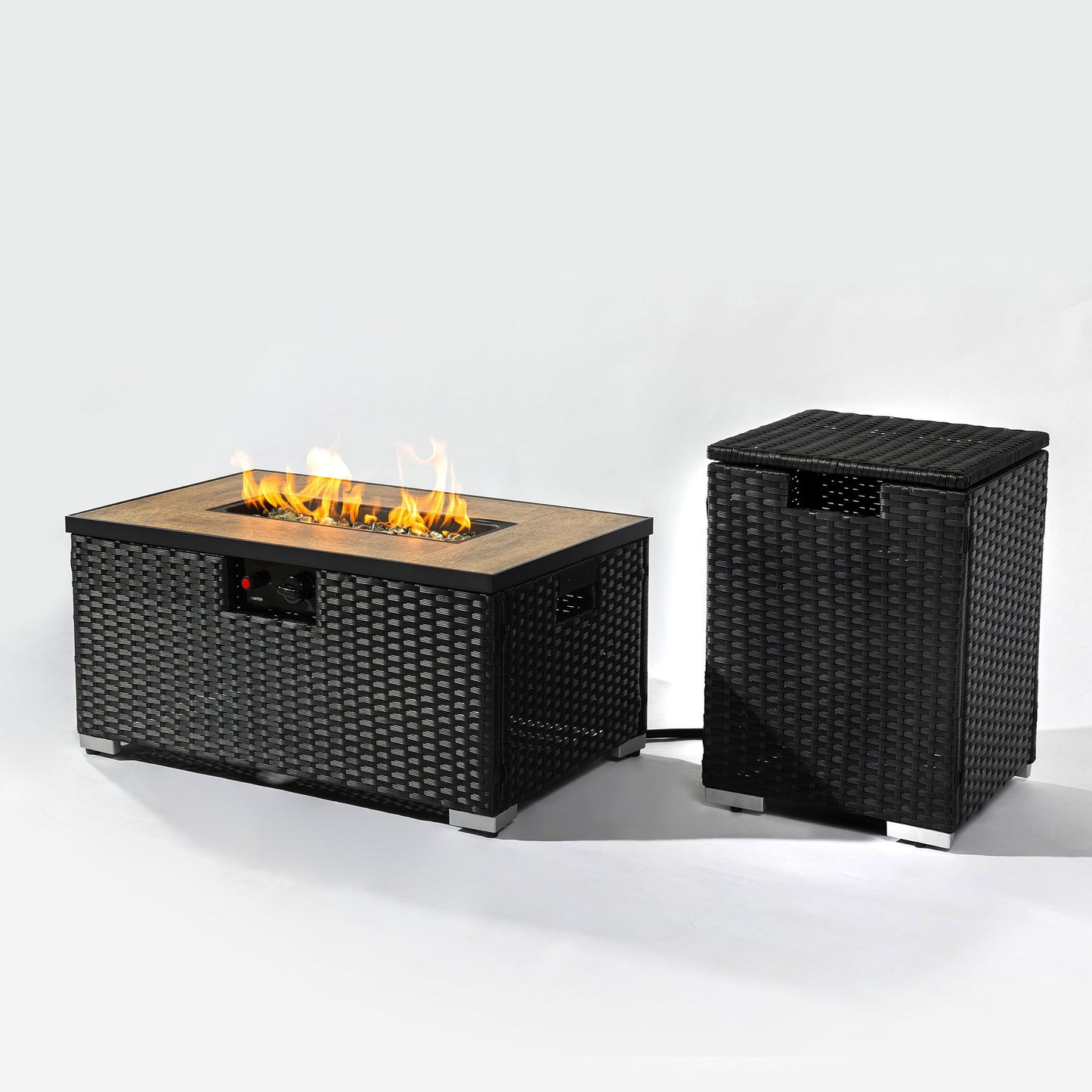 32" Propane Gas Fire Pit Table With Propane Tank Cover, 50000 Btu Rectangular Steel Fire Pit With Beautiful Wicker Base For Outside Garden - Dark Gray