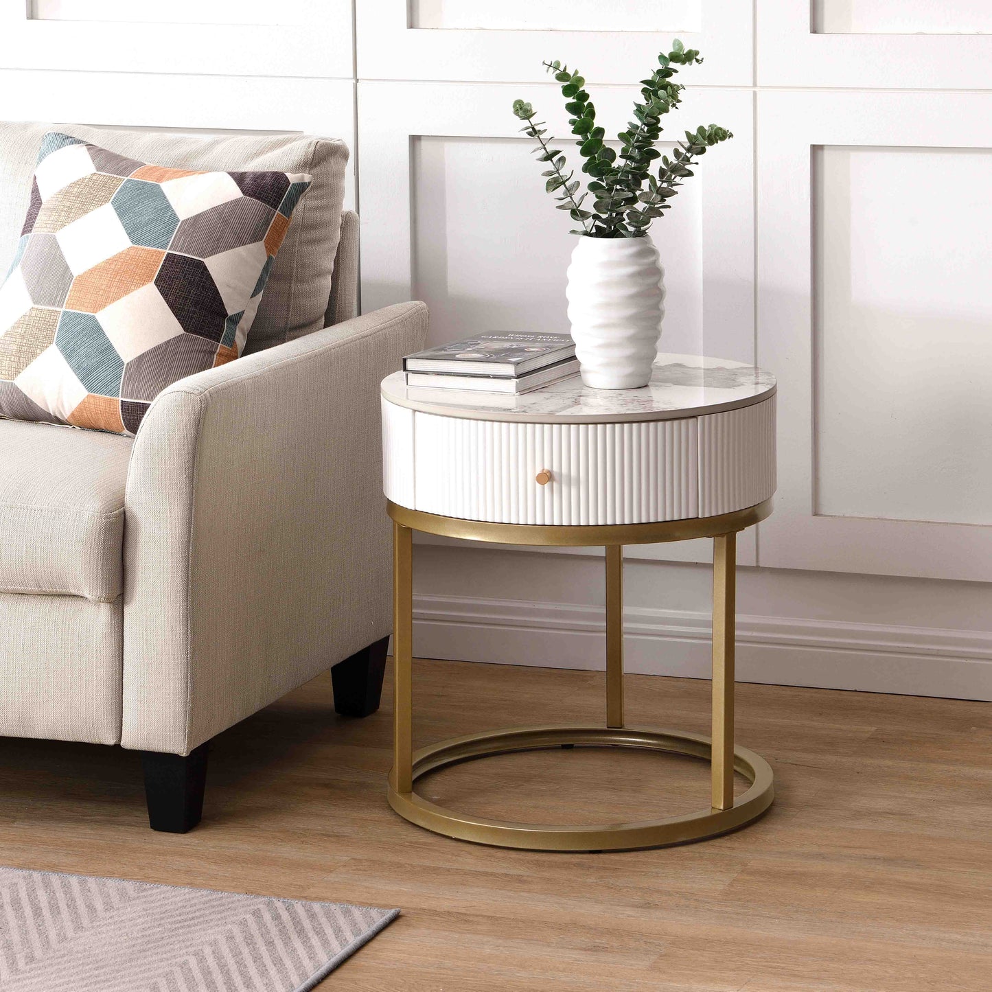 Modern Nightstand With Drawer, Marble Round End Table - White