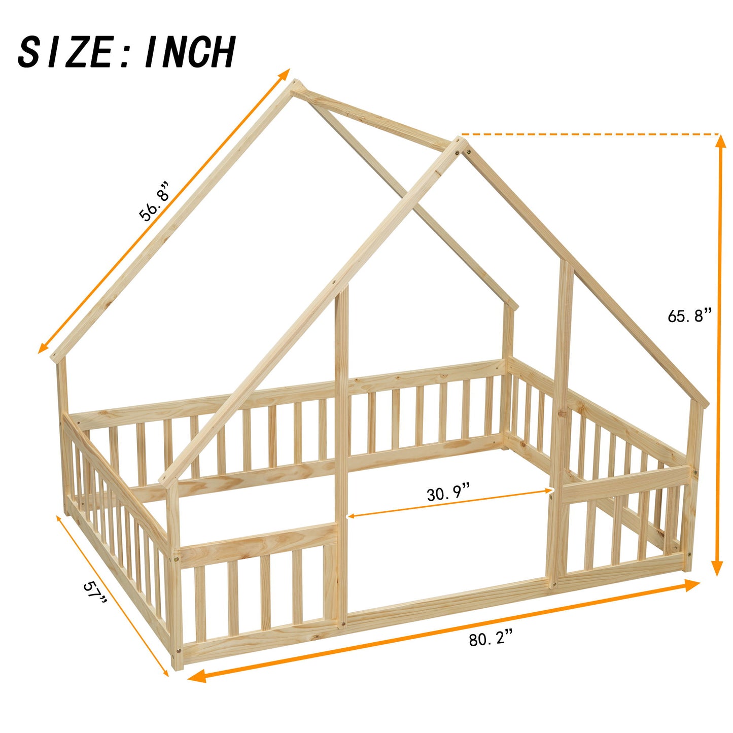 Full Wood House-Shaped Floor Bed With Fence, Guardrails - Natural