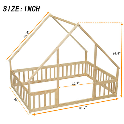 Full Wood House-Shaped Floor Bed With Fence, Guardrails - Natural