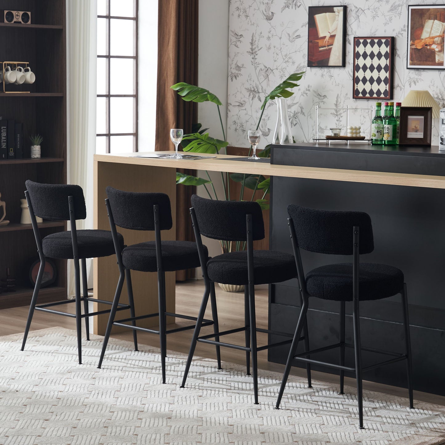 Modern Teddy Fabric Upholstered Bar Stools (Set of 2)- Black