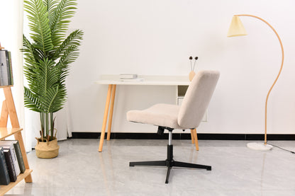 Cross Legged Office Chair, Wide Comfty Desk Chair, Vanity Home Chair No Wheels Armless Computer Task Chair, Swivel And Height Adjustable - Beige