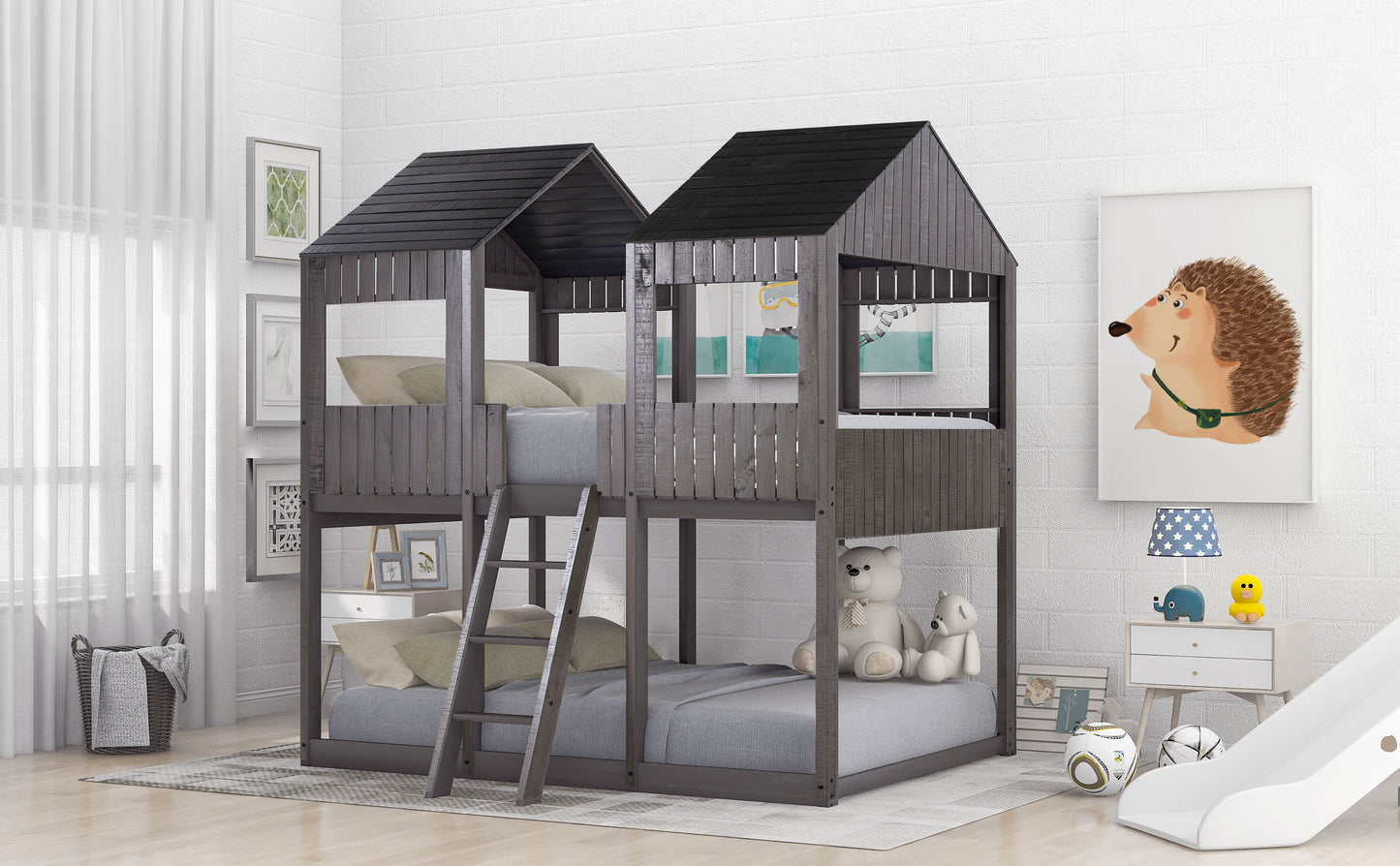 Full Over Full Bunk Bed With Roof, Window, Guardrail, Ladder - Antique Gray