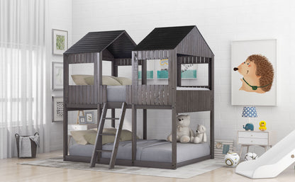 Full Over Full Bunk Bed With Roof, Window, Guardrail, Ladder - Antique Gray