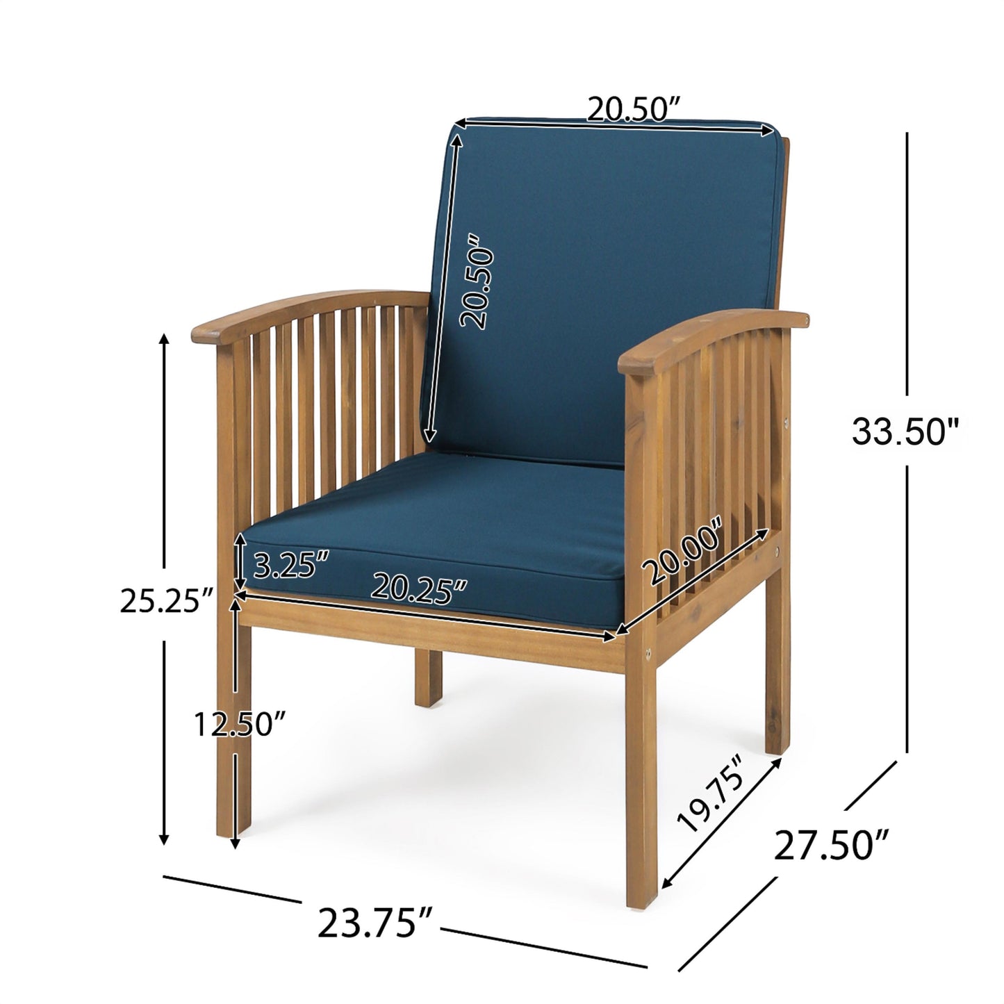 Casa Acacia Wood Club Chair (Set of 2) With Weather Resistant Cushions - Brown / Dark Teal