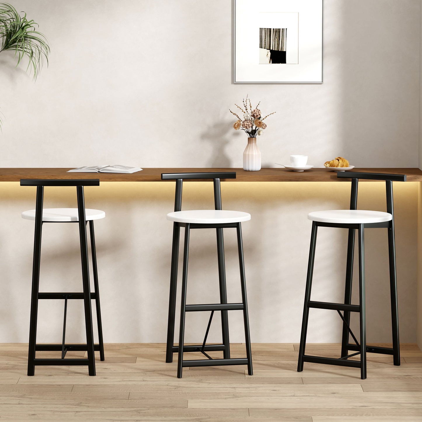 Modern Bar Stools With Backrest For Kitchen Island Or Pub Room, Metal Frame (Set of 3) - Black / White