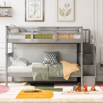 Stairway Twin Over Twin Bunk Bed With Storage And Guard Rail For Bedroom - Gray