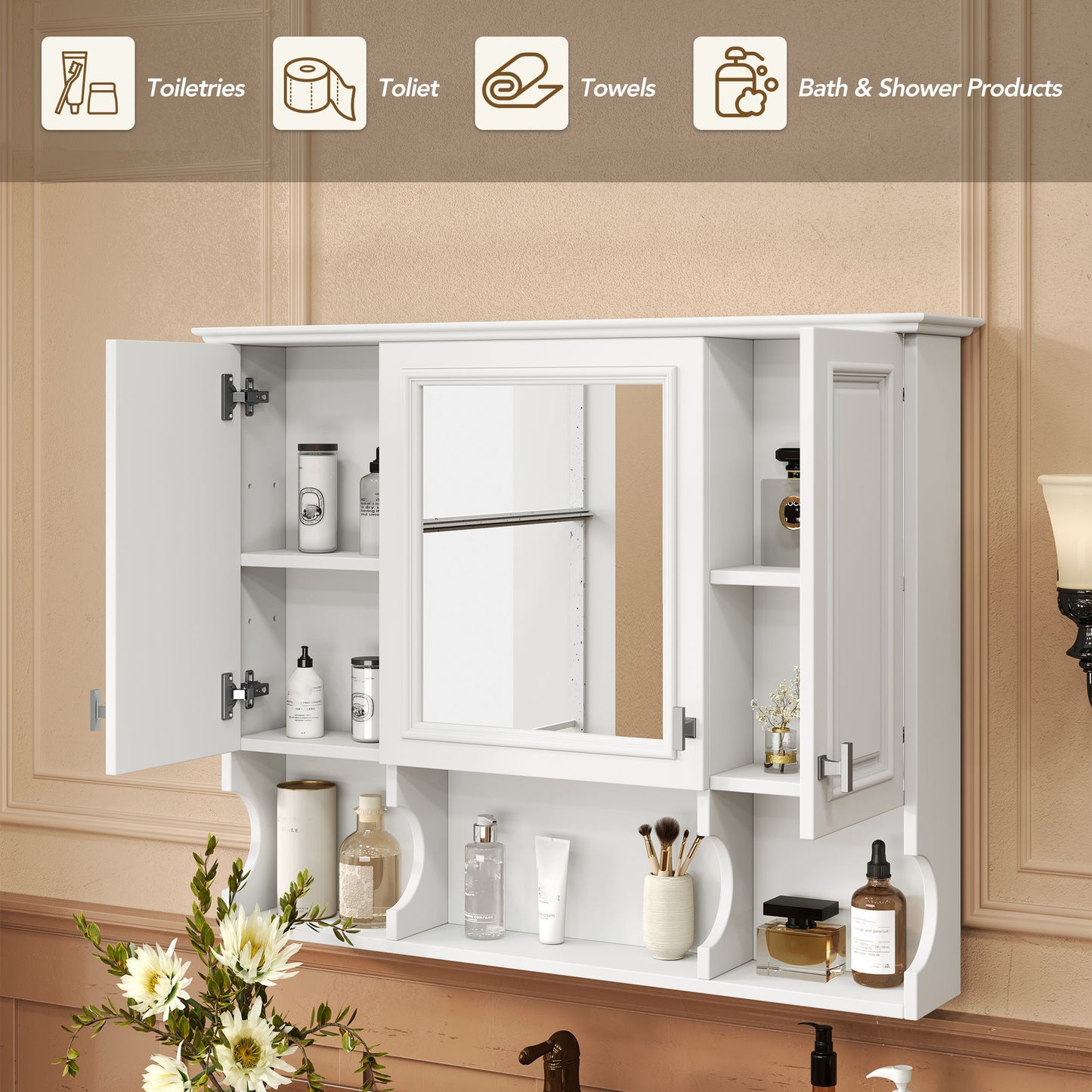 Wall Mounted Bathroom Medicine Cabinet, Modern Bathroom Wall Cabinet With Mirror, Mirror Cabinet With Open Shelves - White