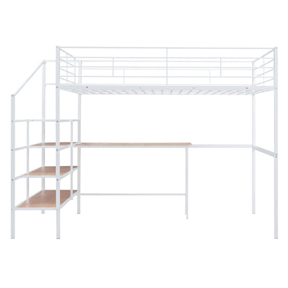 Full Size Loft Bed With Desk And Lateral Storage Ladder - White