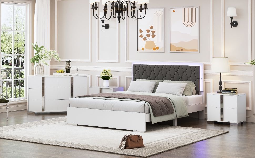 4 Piece Bedroom Sets Queen Size Upholstered Bed With LED Lights, Mirrored Nightstands And Dresser With Metal Handles And Legs - White