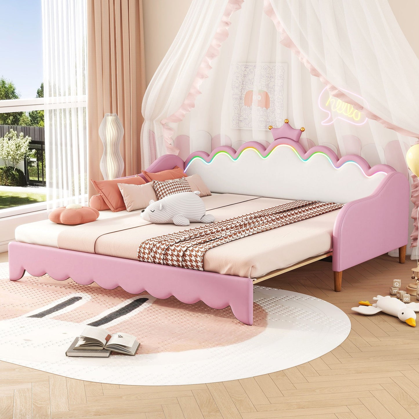 Twin Extending Daybed With LED Lights, Modern Upholstered Princess Daybed With Crown Headboard - Pink