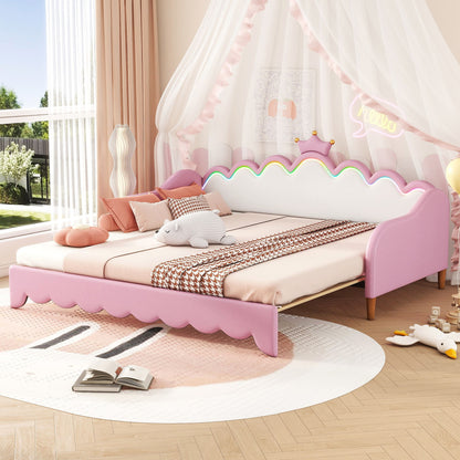 Twin Extending Daybed With LED Lights, Modern Upholstered Princess Daybed With Crown Headboard - Pink