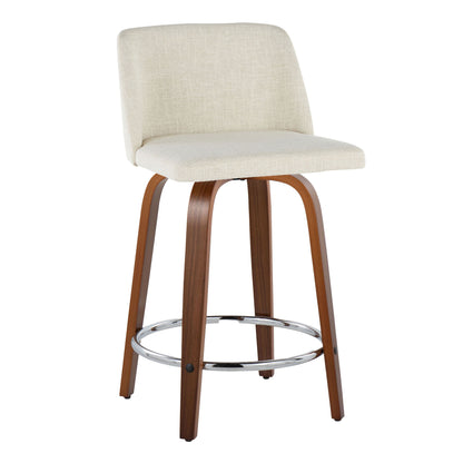 Toriano - Mid-Century Modern Fixed Height Counter Stool Swivel With Round Footrest (Set of 2) - Walnut / Cream