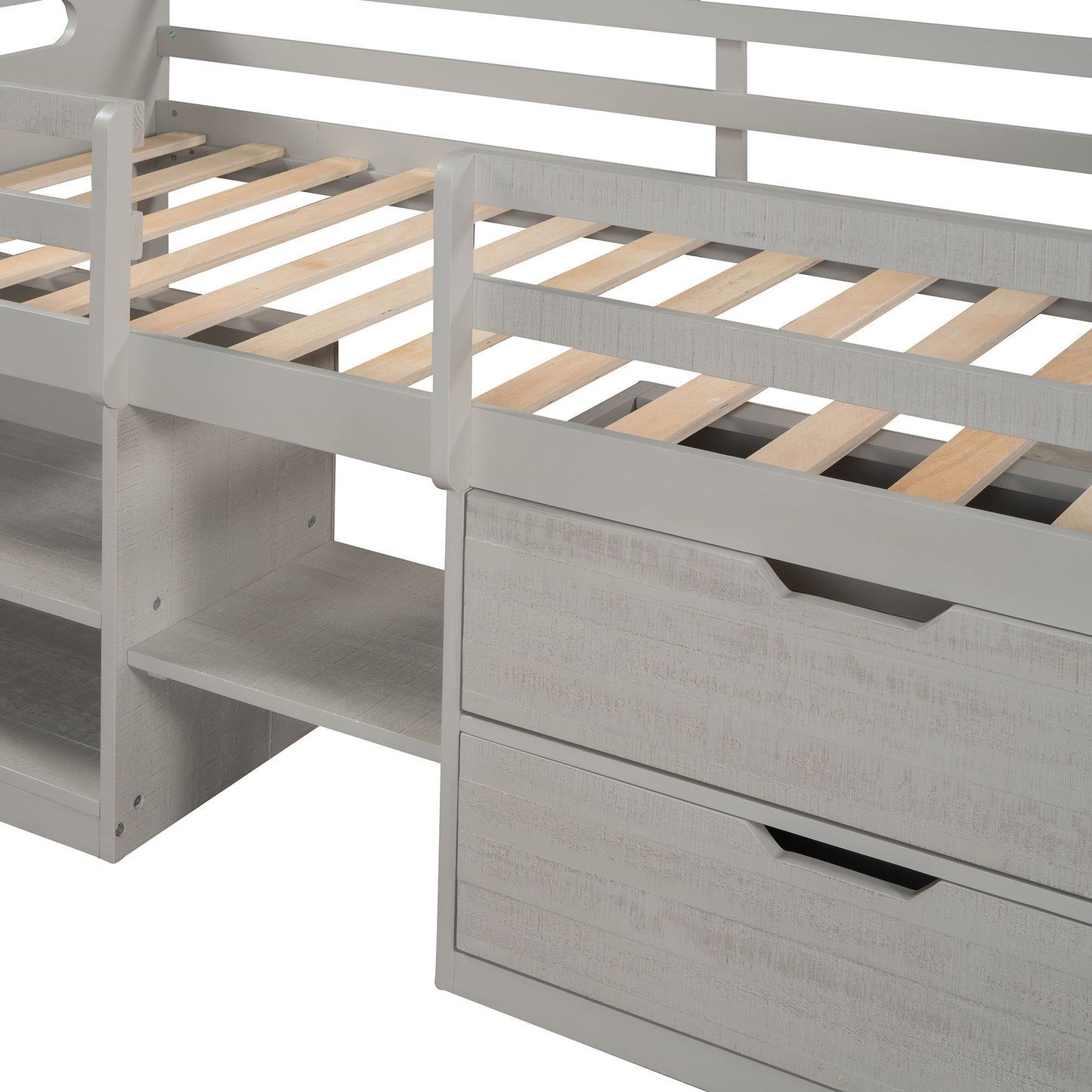 Twin Size Loft Bed With Two Shelves And Two Drawers - Antique Gray