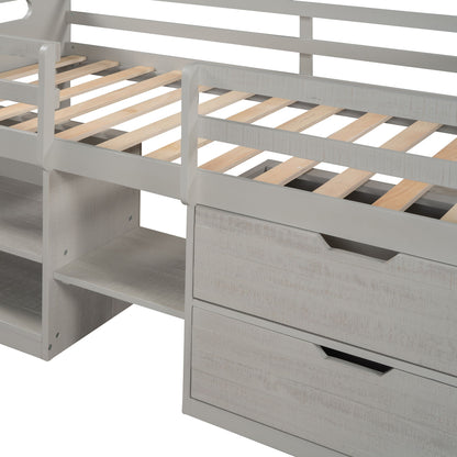 Twin Size Loft Bed With Two Shelves And Two Drawers - Antique Gray