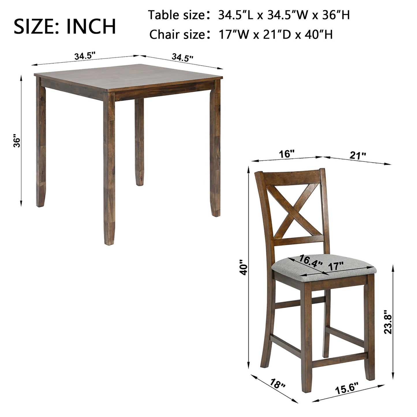 5 Piece Dining Table Set, Wooden Dining Square Table Set For 4, Counter Height Kitchen Table Set With Square Table And 4 Upholstered Chairs For Small Space - Walnut