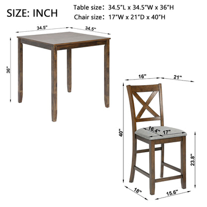 5 Piece Dining Table Set, Wooden Dining Square Table Set For 4, Counter Height Kitchen Table Set With Square Table And 4 Upholstered Chairs For Small Space - Walnut