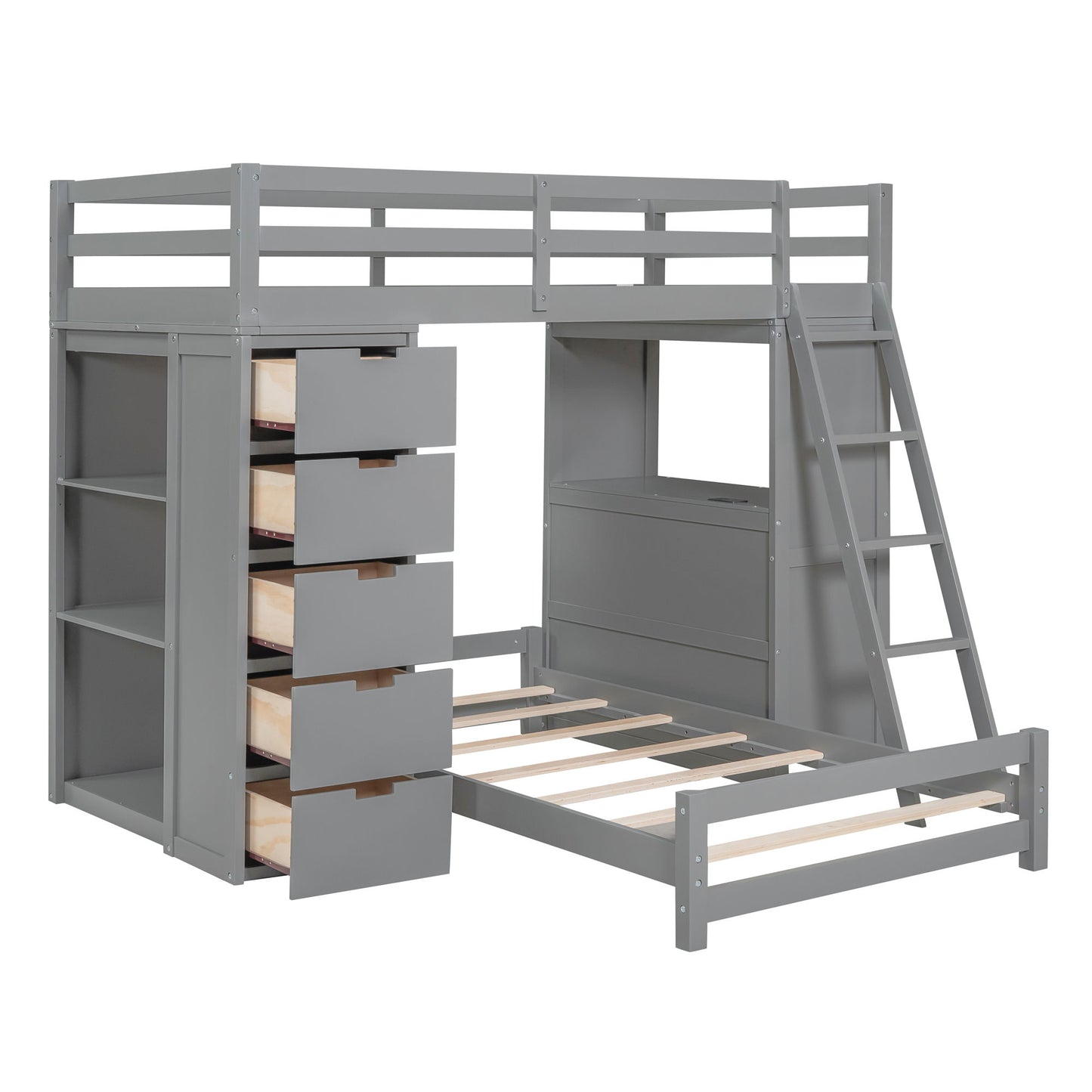 Twin Over Twin Bunk Bed With LED Light And USB Ports - Gray