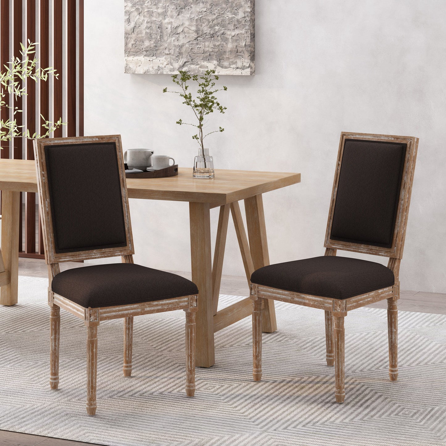 French Country Style Dining Chair Set With Upholstered Seats And Cane Backrest - Brown