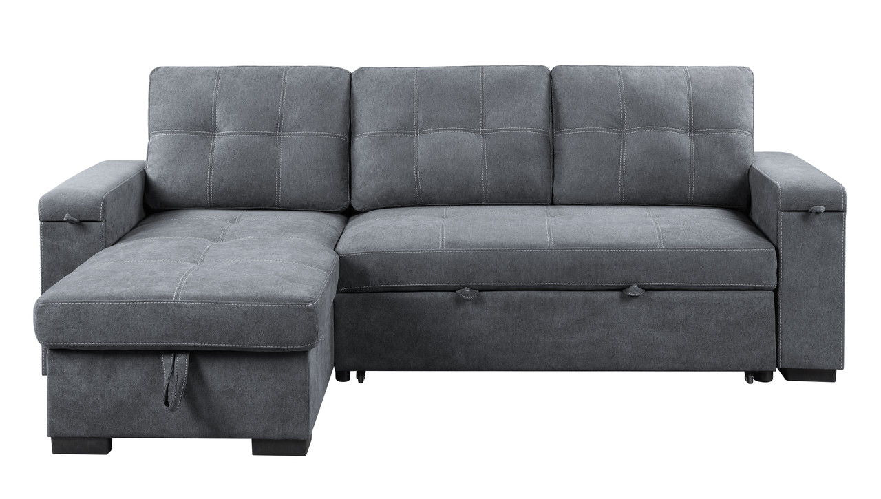 Toby - Woven Fabric Reversible Sleeper Sectional Sofa With Storage Chaise Cup Holder Charging Ports And Pockets - Gray