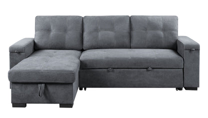 Toby - Woven Fabric Reversible Sleeper Sectional Sofa With Storage Chaise Cup Holder Charging Ports And Pockets - Gray