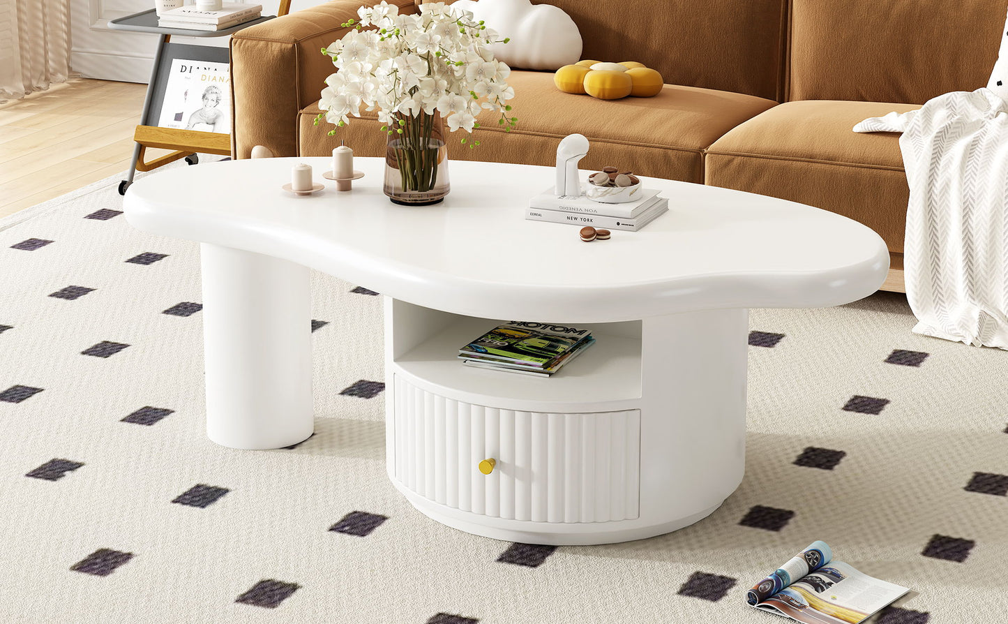 Cloud - Coffee Table, Irregular Shape Coffee Table With 1 Dreawer And Shelf For Living Room - White