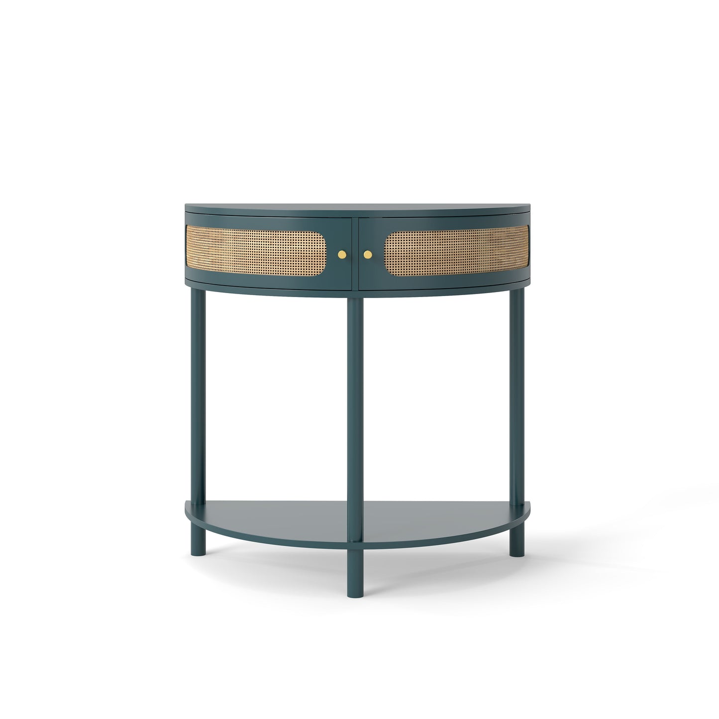 Boho Rattan Semi Circle End Table With Sliding Rattan Door, Elegant Entryway Console With Storage And Bottom Shelf - Antique Green