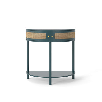Boho Rattan Semi Circle End Table With Sliding Rattan Door, Elegant Entryway Console With Storage And Bottom Shelf - Antique Green