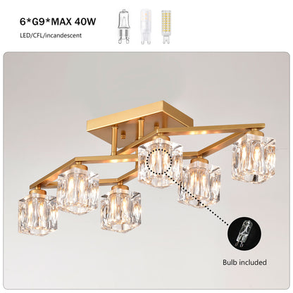 6 Light Crystal Ceiling Light For Dining Room, Modern Ceiling Lamp With Light Fixture For Entryway, Lobby, Kitchen, Bedroom, Living Room, Conference Room, (6*G9 Bulbs Included) - Gold