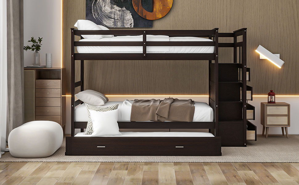 Twin Over Twin Bunk Bed With Trundle And Staircase - Espresso