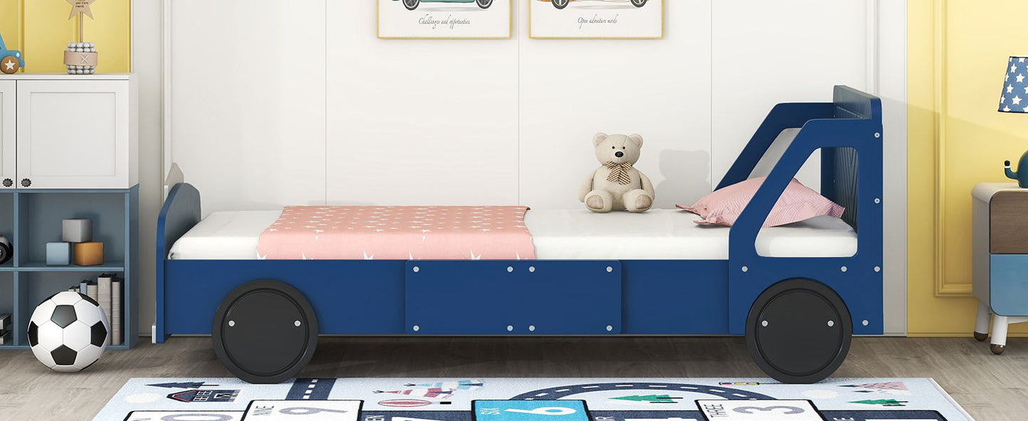 Twin Size Car Shaped Platform Bed With Wheels - Blue