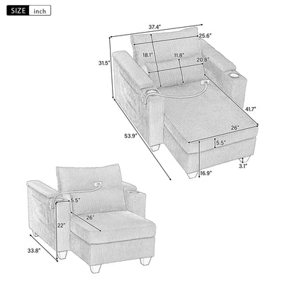 Convertible Chaise Lounge Sofa Chair Corduroy Sleeper With USB Ports, Cup Holders, Storage - Gray