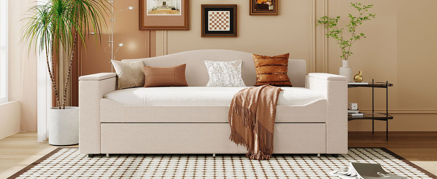 Twin Size Upholstered Daybed With Storage Armrests, Trundle And Latest Integrated Bluetooth Audio System - Beige