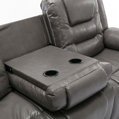 3 Seater Home Theater Recliner Manual Recliner Chair With Two Built-In Cup Holders For Living Room - Gray