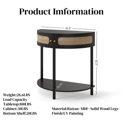 Boho Rattan Semi Circle End Table With Sliding Door, Elegant Wood Accent Table With Storage And Bottom Shelf - Black
