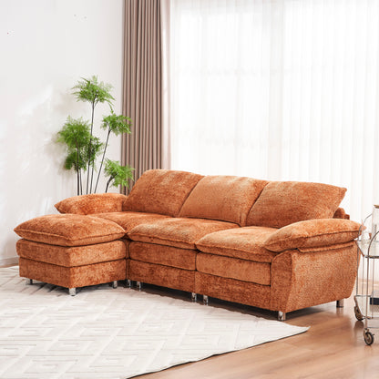 Modern Deep 3 Seat Sofa Couch With Ottoman, Polyester Sofa Sleeper Comfy Upholstered Furniture For Living Room - Orange