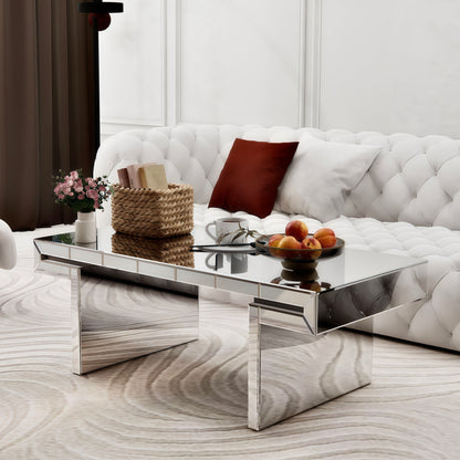 Luxury Rectangular Mirror Coffee Table With Fluted Tempered Glass, Light Luxury Style - Silver