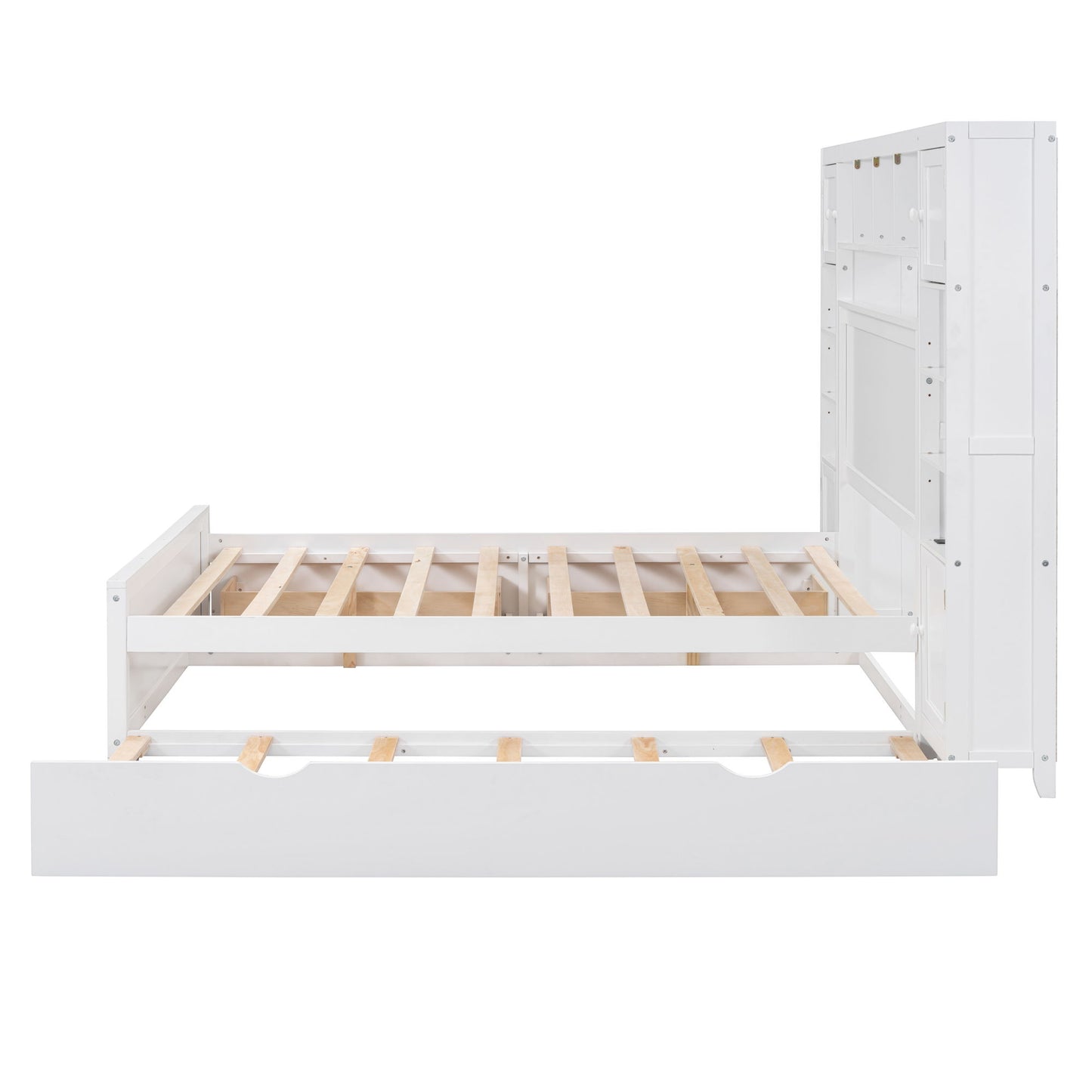 Full Size Bed With All In One Cabinet, Shelf And Sockets, Twin Size Trundle - White
