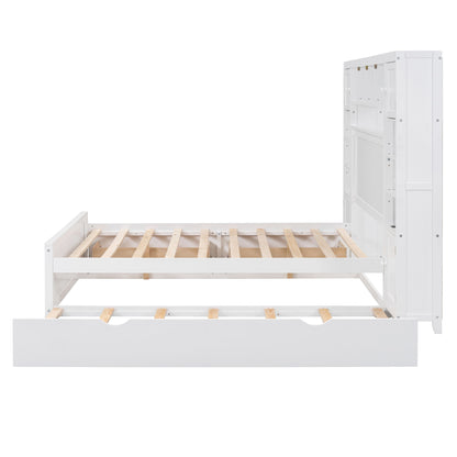 Full Size Bed With All In One Cabinet, Shelf And Sockets, Twin Size Trundle - White